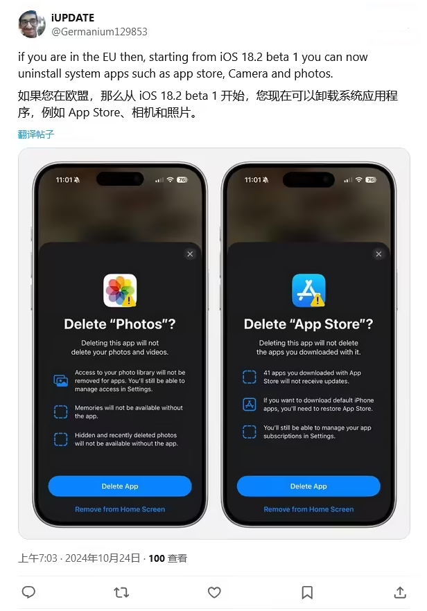 辽宁苹果手机维修分享iOS 18.2 支持删除 App Store 应用商店 